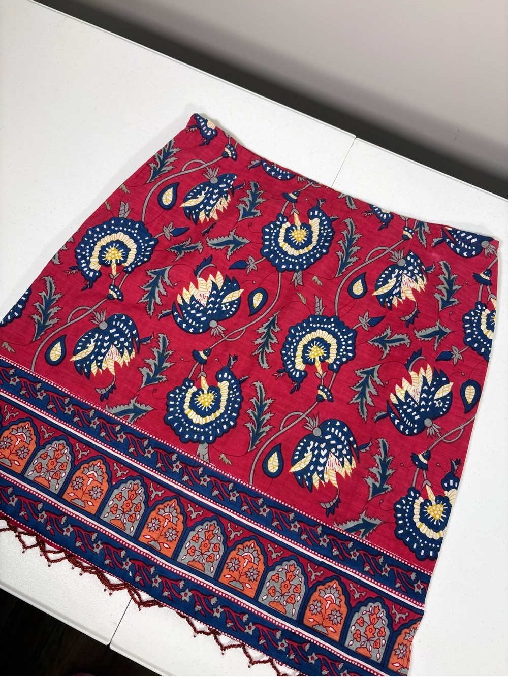 Vintage Boston Proper Boho Beaded Mini Skirt with Red Blue Yellow Floral Print